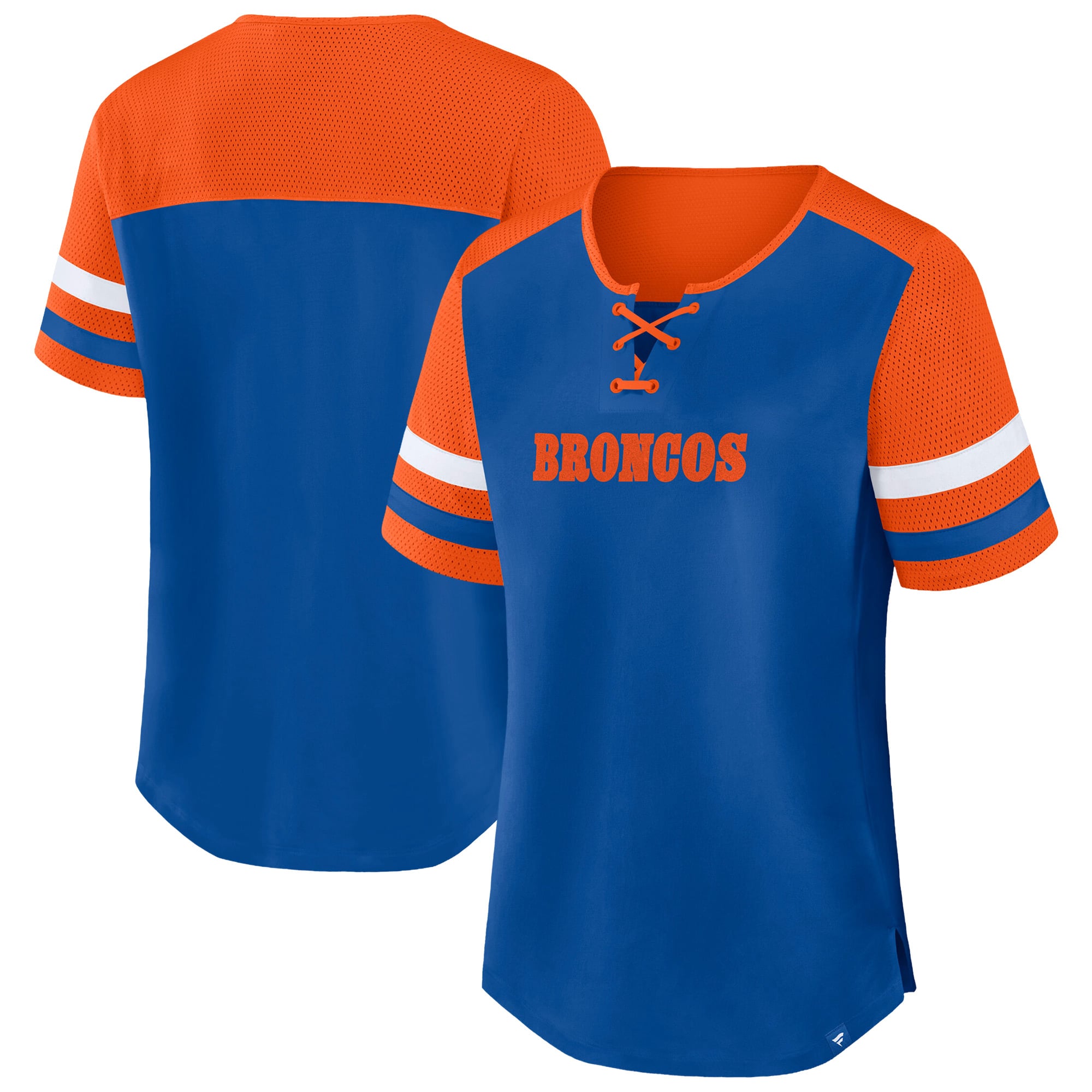 Women's Fanatics Royal/Orange Denver Broncos Plus Size Throwback Curl Route Lace-Up T-Shirt
